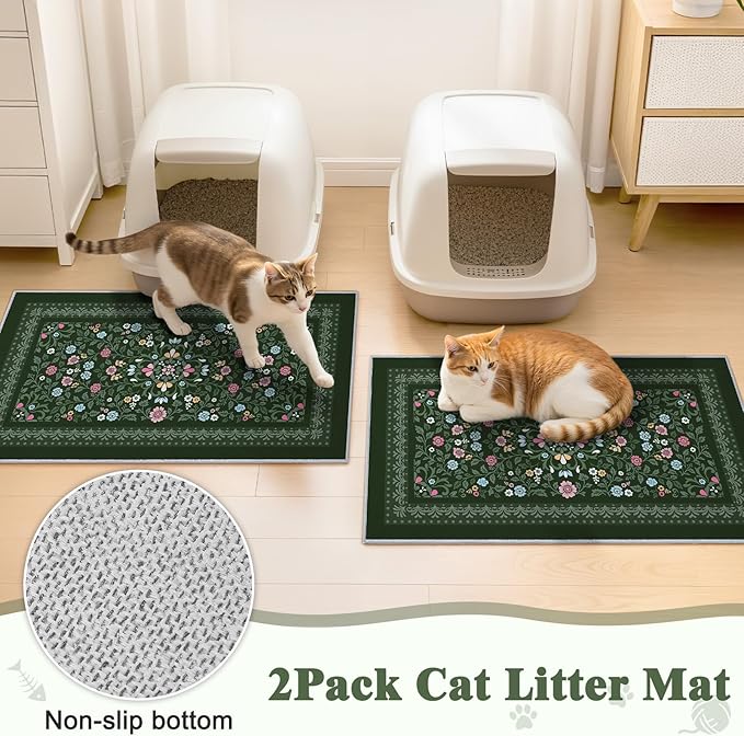 Bienbee Cat Litter Mat, 2PCS 28"x20" Machine Washable Litters Box Mats Non-Slip &Waterproof Cat Litters Trapping Mats Easy to Clean Mat for Litter Box Less Waste Protects Floors Dark Green M
