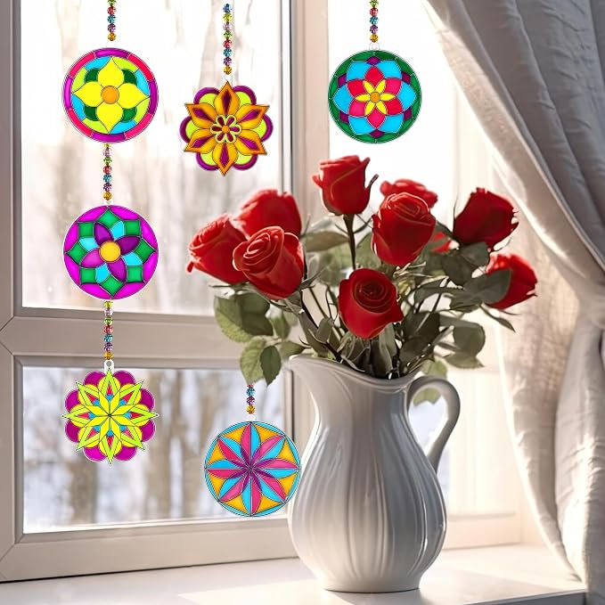 30 Sets Mandala Suncatchers Craft Kits Stained Glass DIY Window Paint Art | 30-piece Flower window art kit with mandala designs, perfect for spring crafts, summer parties, and creative activities