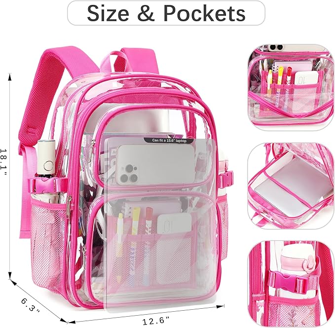abshoo Large Heavy Duty Girls Clear Backpack for School Bookbag Transparent Multi Pocket Backpacks for Women (Hot Pink)
