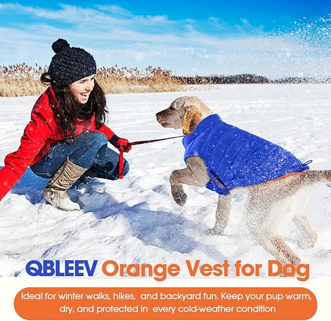 QBLEEV Reversible Dog Coat for Large Dogs, Waterproof Windproof Winter Jacket Keeps Big Breeds Warm & Dry, Adjustable Hook & Loop Puffer Vest, Orange, 3XL – Fits Labrador, Weimaraner, Great Dane