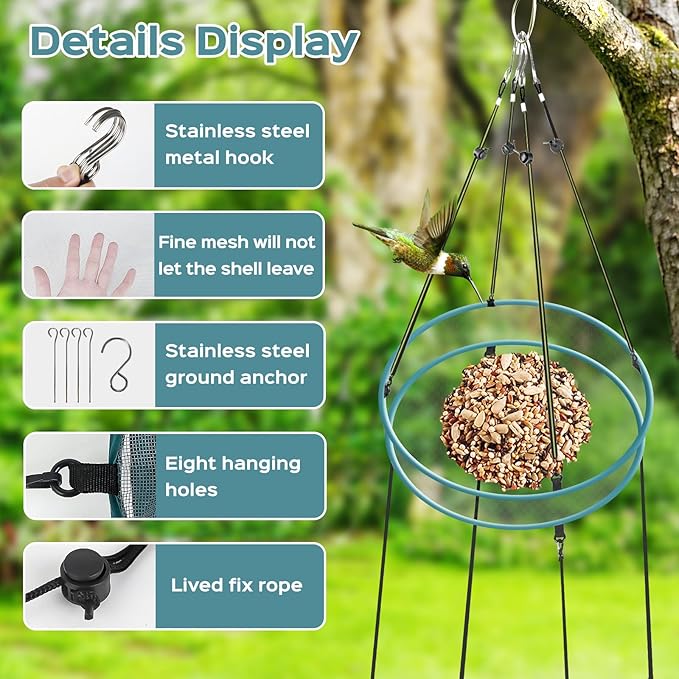 Bird Seed Catcher for Outdoor Feeders,Wind Rope and Metal Ground Anchors, Birdfeeder Tray for Garden,Lawn,Backyard,Balcony(Gray Net and Grass Green Edge,20 Inch,1set)