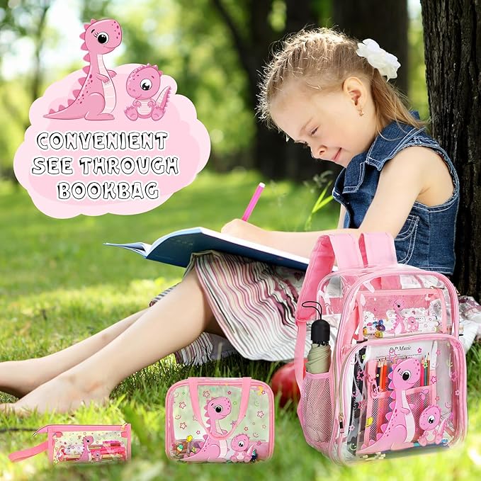 Kacctyen 3 Pcs Clear Backpack Heavy Duty Clear Stadium Bag Transparent Backpack with Lunch Bag(Pink,Dinosaur)