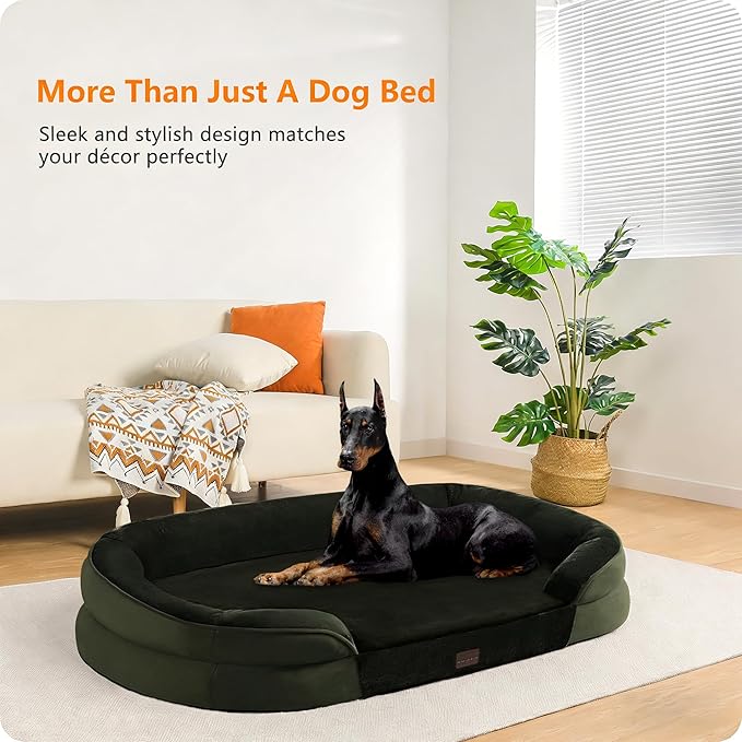 Dwanton Orthopedic Dog Bed for Extra Extra Large Dogs with Gel Memory Foam, Waterproof Dog Sofa, Washable Pet Bed with Four Sided Bolster Cushion, Removable Cover & Non-Slip Bottom, 48", Green