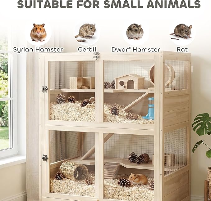 PawHut Wooden Hamster Cage, 4 Tier Small Animal Cage with Mesh Flip Roof, Pull-Out Tray, Huts, Seesaws, Ramps and Water Bottles, Hamster Habitat for Dwarf Syrian Mice Gerbil, 33" x 21" x 36"