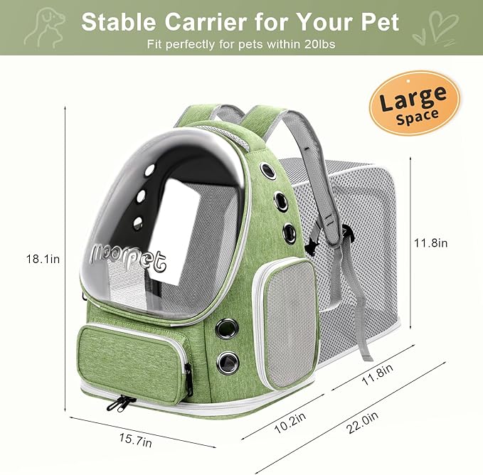 Cat Bubble Backpack Carrier, Expandable Breathable Pet Backpack for Cats Dogs Up to 20 lbs, Airline Approved Foldable Transparent Travel Carrier for Small Pets, Green