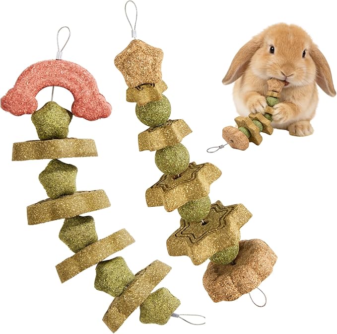 2 Pack Rabbit Chew Toys Bunny Treats, Prevent Teeth Overgrowth, Chew Toys for Guinea Pig/Hamster, Made with Timothy Hay & Vegetables for Rodent Pets, Small Animal Toys