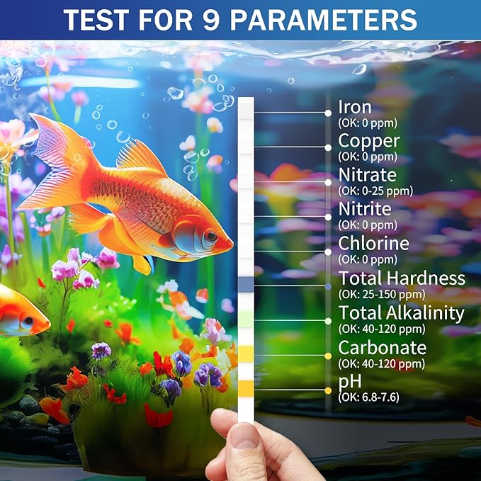9-Way Aquarium Test Strips - 150 Aquarium Water Test Kit Fish Tank Test Kit Quick & Accurate Testing Iron Copper Nitrate Nitrite Chlorine Total Hardness Total Alkalinity Carbonate pH
