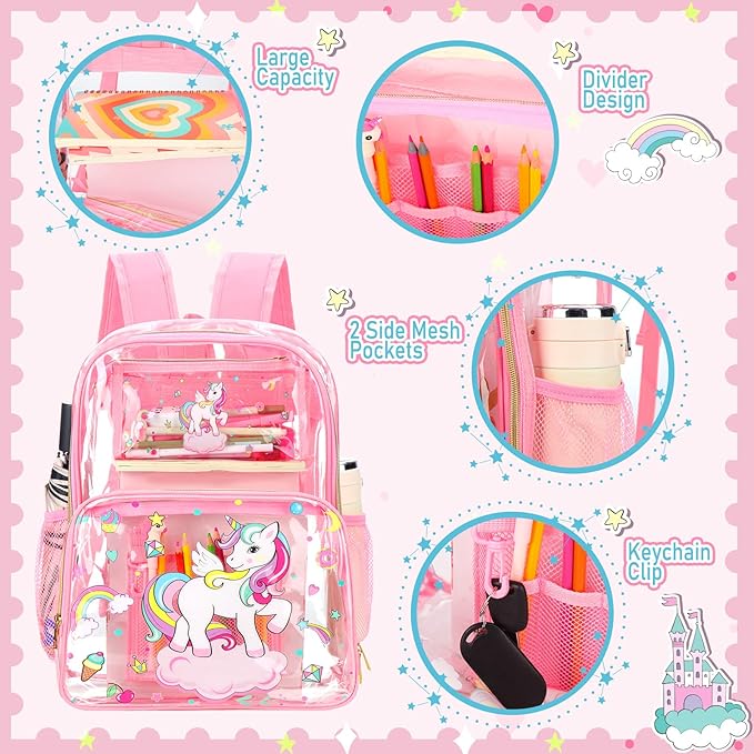 Kacctyen 3 Pcs Clear Backpack Heavy Duty Clear Stadium Bag Transparent Backpack with Lunch Bag(Pink,Rainbow, Unicorn)
