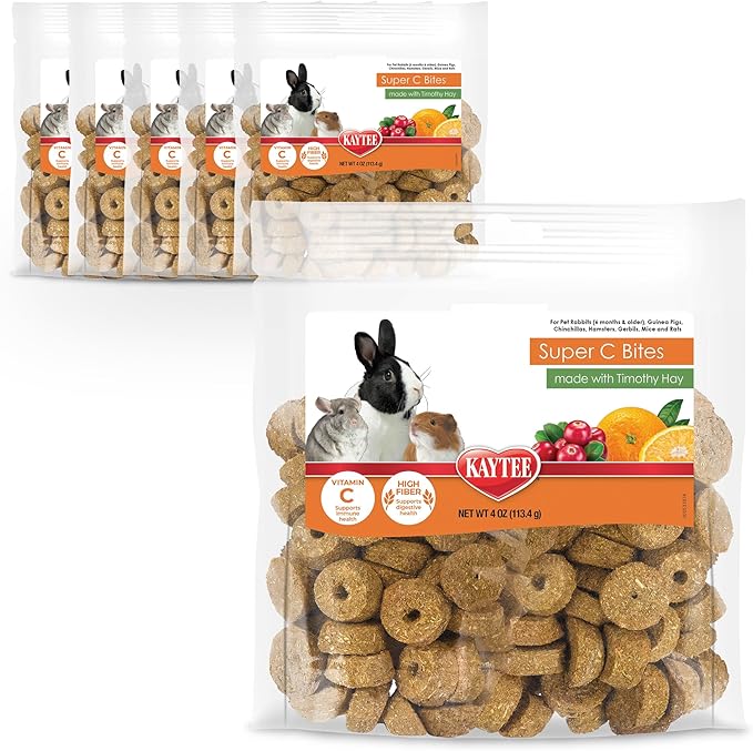 Kaytee Super C Bites Treat for Pet Guinea Pigs, Adult Rabbits, Chinchillas, and Other Small Animals, Cranberry and Orange, 4 oz (6 Pack)