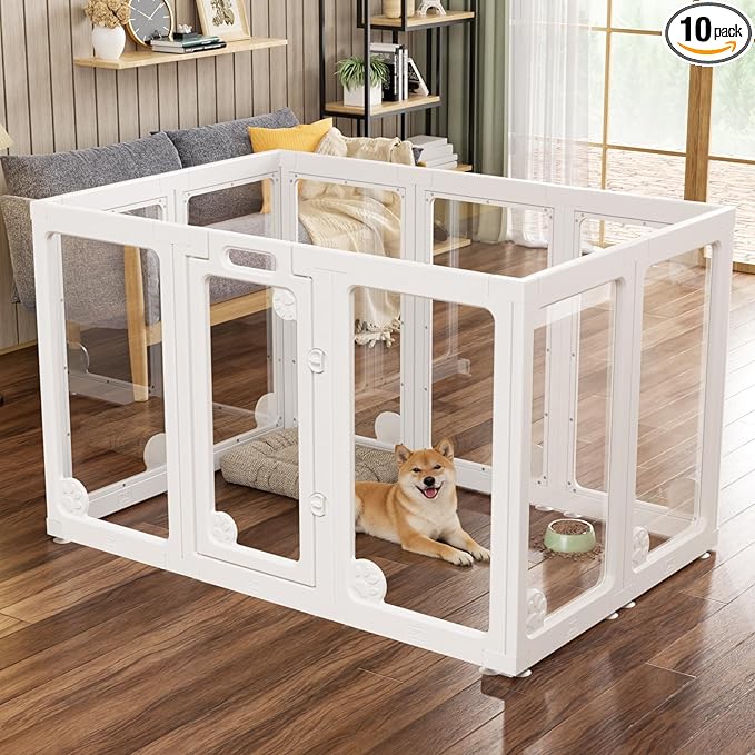 Clear Acrylic Dog Play Pen Indoors 30“, 10 Panels Transparent Puppy Playpen with Door for Small Dogs Puppies, Modular Plastic Pet Playpen Cage Fence Crate for Cat Kitten Rabbit, White