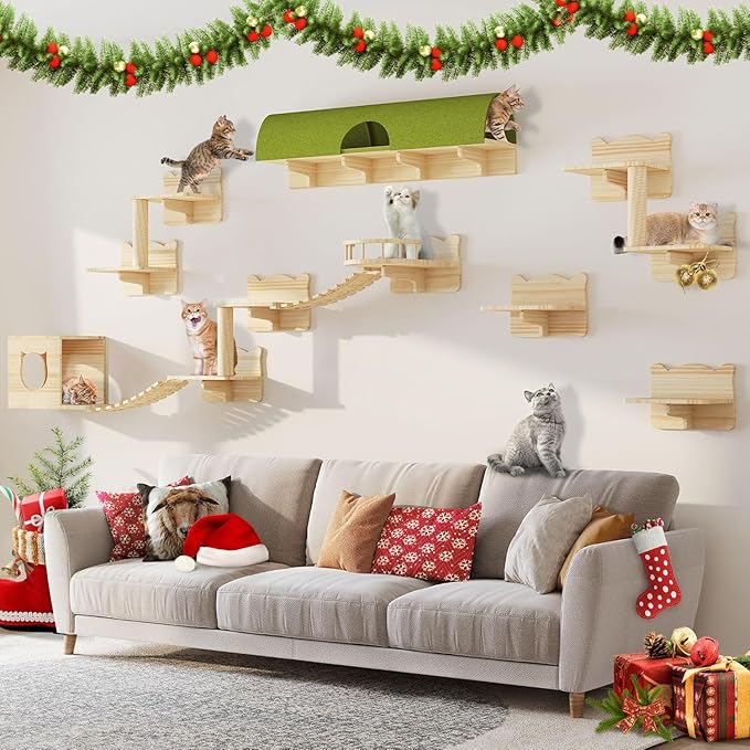 Cat Shelves for Wall, 16-in-1 Solid Wood Wall Mounted Cat Wall Shelves with Tunnel, Scratching Post, Steps & Bridge Ladder, Multi-Level Cat Climbing System, Space Saving, Floating Cat Shelves