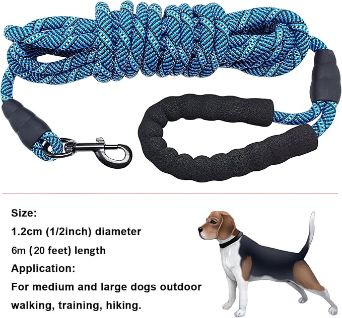 MayPaw Heavy Duty Rope Dog Leash, 3/6/8/10/12/15/20/30 FT Long Dog Lead Nylon Pet Leash, Soft Padded Handle Thick Lead Training Leashes for Large Medium Dogs (20ft * 1/2", Blue Black)