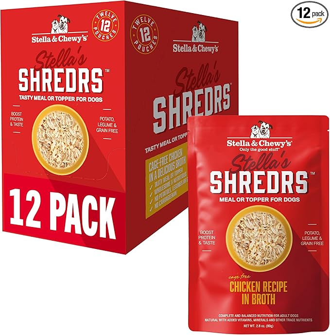 Stella & Chewy's Cage-Free Chicken Shredrs - Premium Dog Food Pouches - Perfect for Picky Eaters - 12 Pack, 2.8oz Each