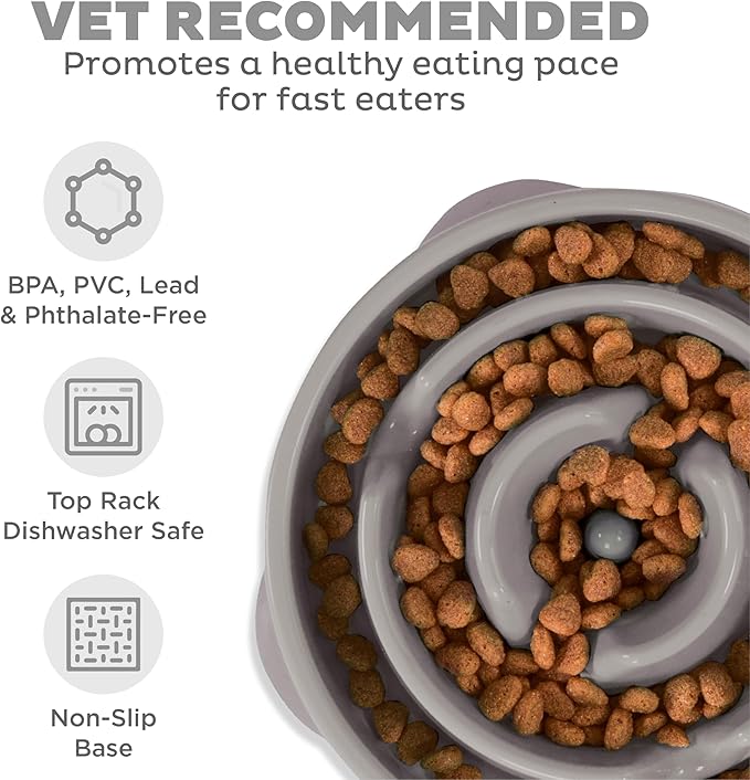 Outward Hound Fun Feeder Slo Bowl – Large 4‑Cup Capacity, Slow Feeding, Medium to Large Dogs, Non‑Slip, Gray, Drop Pattern, 11.75"