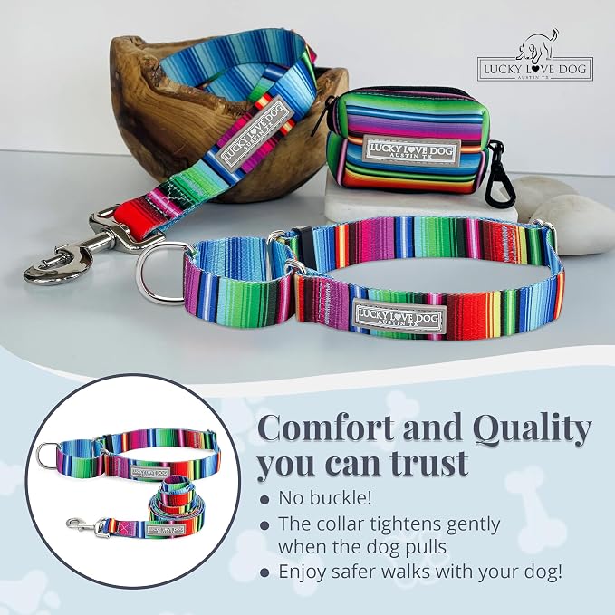 Lucky Love Dog Martingale Dog Collar & Leash - Adjustable, No-Slip, Durable, Comfortable, Soft Webbing, & Stylish Patterned Collar & Leash Set for Male and Female Dogs - Nacho Combo, Large