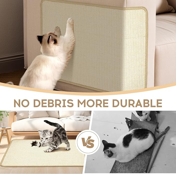 Graciadeco White Cat Scratching Mat Sisal, 2 Packs Sisal Fabric Large Cat Scratching Pad for Indoor Cats with Adhesive Hook Loop Tape, Wall Scratchers for Indoor Cats 23.6" x 15.7"