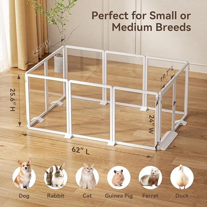 25.6”H Clear Dog Playpen Indoor, Thick Plastic Puppy Pet playpen with Lock Door, Foldable Transparent Dog Fence Enclosure for Small Medium Cat Rabbit Whelping, 10 Panel