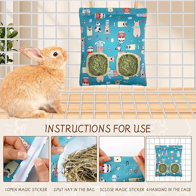 UPINS 3 Hay Bag for Rabbits - 2-Hole Hanging Hay Feeder for Guinea Pigs, Chinchillas, Hamsters & Small Pets (Dark Color)