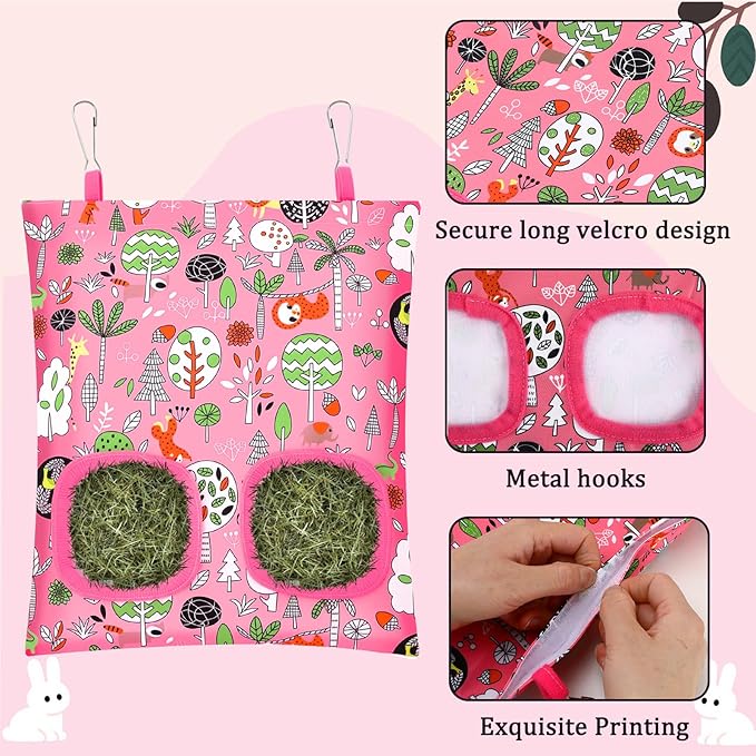 UPINS 3 Hay Bag for Rabbits 2-Hole Hanging Hay Feeder Guinea Pig Hay Bags, Hay Feeder for Chinchillas Rabbits Hamsters Small Pets and Animals(Forest Color System)