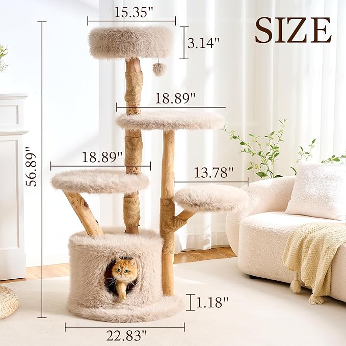 HITTITE Natural Wood Cat Tree Tower with Scratching Post, 56.8 Inches Tall Modern Cat Tower with Cozy Bed and Condo, Luxury Real Branch Cat Tree for Indoor Cats Large Adult, Khaki.