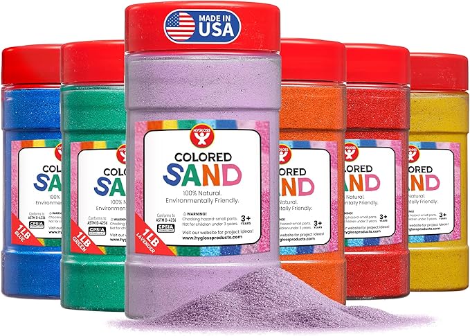 Hygloss Colored Sand for Crafts - 6 Assorted Colors - 1 lb Vibrant Colorful Fine Sensory Play Sand Art Kits for Kids - Classroom Activities for Children 3 4 5 6 7 8 9 10 11 12 - Safe for Ages 3+