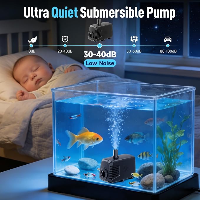 200GPH Submersible Water Pump, Water Fountain (700L/H, 12W) with 5.9FT High Lift Adjustable & 3 Nozzles & 9.8FT Cord, Ultra Quiet Aquarium Pump for Pond Fountain Waterfall Hydroponics-Q102