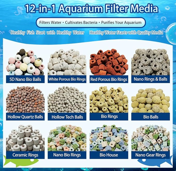 12-in-1 Bio Filter Media Kit - Bio Balls, Ceramic Rings for Aquarium | Supports Nitrogen Cycle for Crystal Clear Water. pH Neutral for Freshwater, Saltwater, Pond, Sump & Canister Filters(1.1lb)