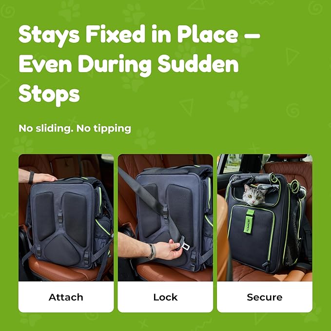 Premium Expandable Cat Carrier Backpack with Car Seat Belt Safety System – Rigid Frame Pet Carrier Backpack for Cats & Small Dogs up to 25 lbs – Breathable, Durable – Includes Bottle & Feeding Bowl