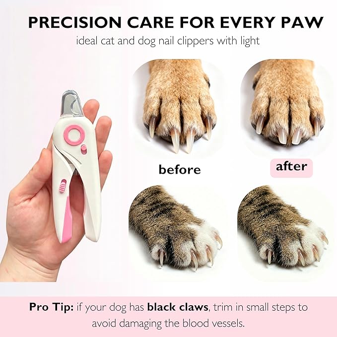 4-in-1 Dog Nail Clippers with Light - Safe Pet Nail Trimmer for Dogs & Cats, All Breeds - Sharp Stainless Steel Blades, Nail Catcher & File for Easy Home Grooming