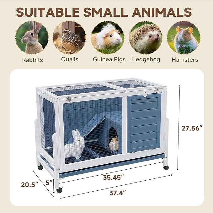 Large Indoor Rabbit Hutch Wooden Bunny Rabbit Cage 2-Story with Run Caster Waterproof No-Leak Pull-Out Tray Ramp Wheel for Guinea Pig Small Medium Animal Wood Pet House Home Blue & White 37“
