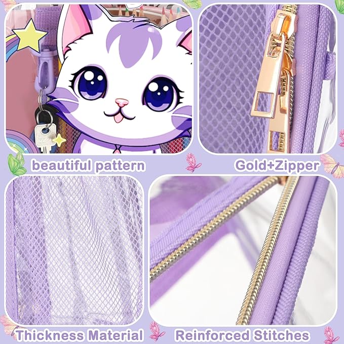 Kacctyen 3 Pcs Clear Backpack Heavy Duty Clear Stadium Bag Transparent Backpack with Lunch Bag(Purple,Cat)