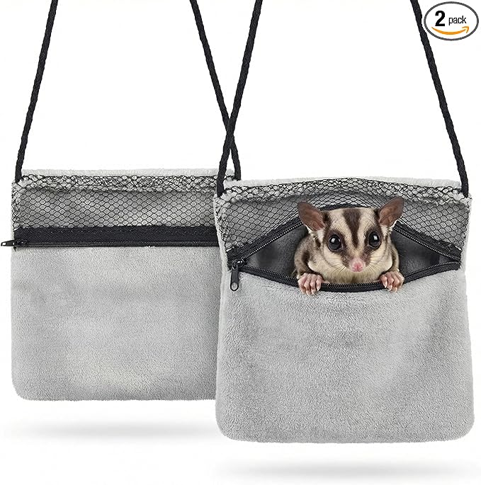 Sweetude 2 Pcs Sugar Glider Pouch Breathable Carrying Bonding Pouch Soft Hamster Carrier with Strap Zipper Small Animal Travel Sleeping Bag Cage Accessories for Rat Reptile Other Small Pets(Gray)