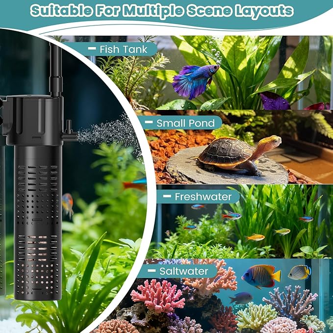 hygger Internal Aquarium Filter, 5-in-1 Submersible Fish Tank Filter, Adjustable Wave Maker & Air Bubbler, Quiet Turtle Tank Filter for 5-15 Gallon Freshwater Saltwater, 80GPH, 5W