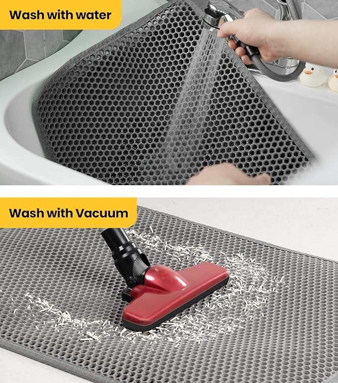 Cat Litter Trapping Mat, 27"x19" Universal Fit Litter Box Floor Mat, Hexagon Grids & Anti-Leak Base, Machine Washable, Non-Slip Kitty Mat for Most Homes, Gray
