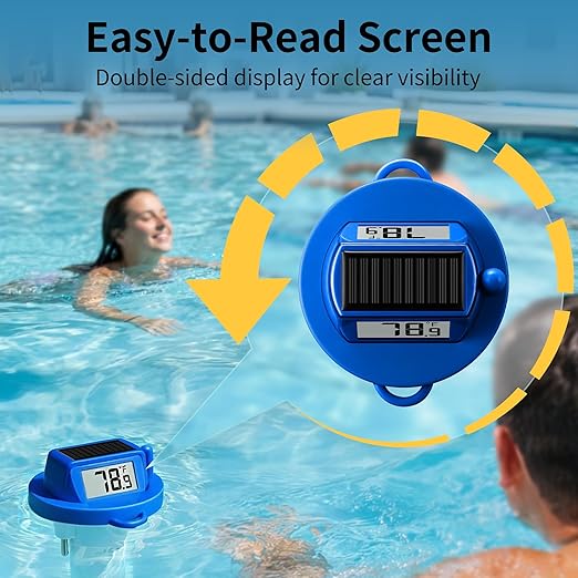 Pool Thermometer Floating, Digital Swimming Pool Thermometer, IPX8 Waterproof with Double Sided Display for Pond, Hot Tub, Aquarium (Solar Powered, Dark Blue)