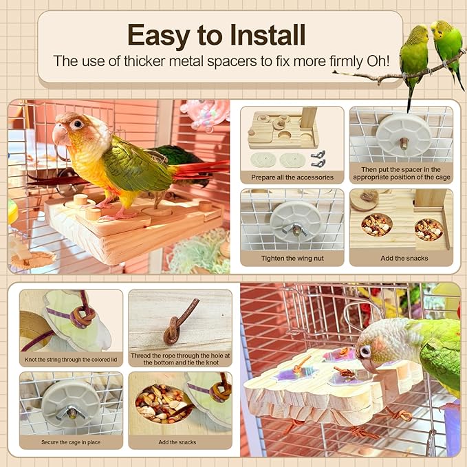 2PCS Wooden Bird Foraging Puzzle Toys Interactive Parakeet Enrichment Foraging Toy for CageBird Slow Feeder Parrot Chewing Toy for Pets, Bird Perches Stand for Sun Conure and Small Sized Birds