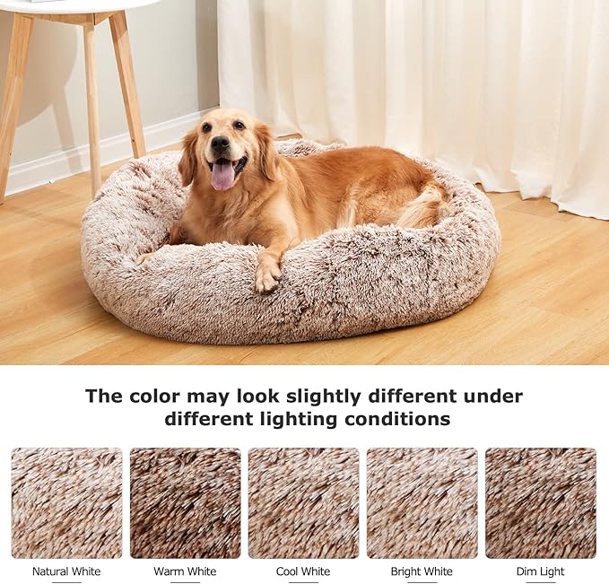 Bedfolks Calming Donut Dog Bed, 23 Inches Round Fluffy Dog Beds for Small Dogs, Machine Washable Anti-Anxiety Plush Puppy Bed（Brown, Small）