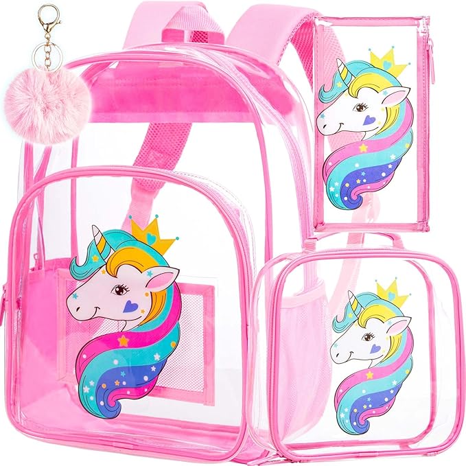 AGSDON 3PCS Clear Backpack for Girls, Kids Unicorn Transparent Bookbag Heavy Duty, Cute See Through Backpacks with Lunch Bag - Pink