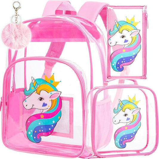 AGSDON 3PCS Clear Backpack for Girls, Kids Unicorn Transparent Bookbag Heavy Duty, Cute See Through Backpacks with Lunch Bag - Pink