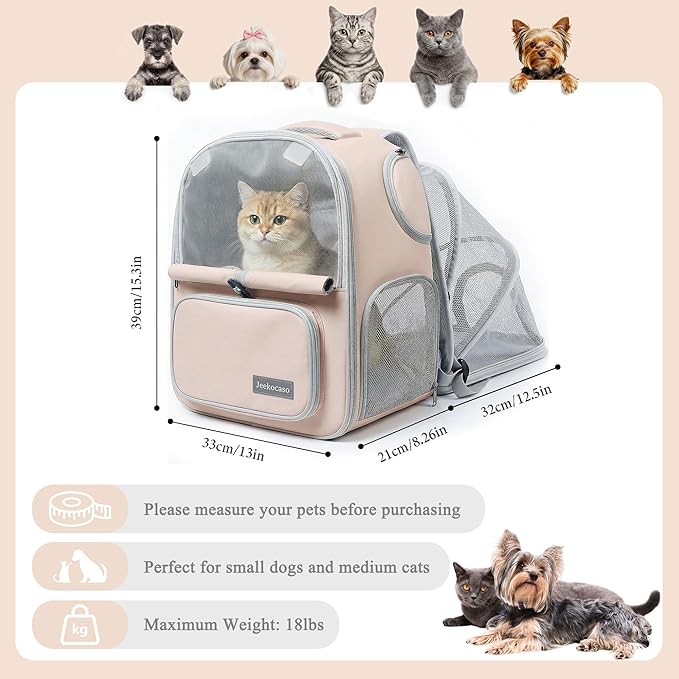 Cat Backpack Carrier Expandable, Breathable Mesh & Lockable Zippers & Shaded Curtains & Multi-Entry, Pet Backpack for Kitty Puppy Small Dogs Up to 18lbs for Travel, Hiking, Car, Vet(Khaki)