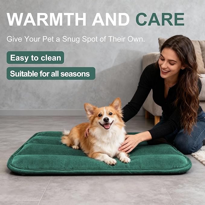 Dog Bed Mat, Reversible Dog Crate Pad with Washable Kennel Mat and Soft Foam, Flat Pet Bed for Dogs & Cats, for Crates Carriers & Travel (Green, 28" L*16" W*1.5" Th)
