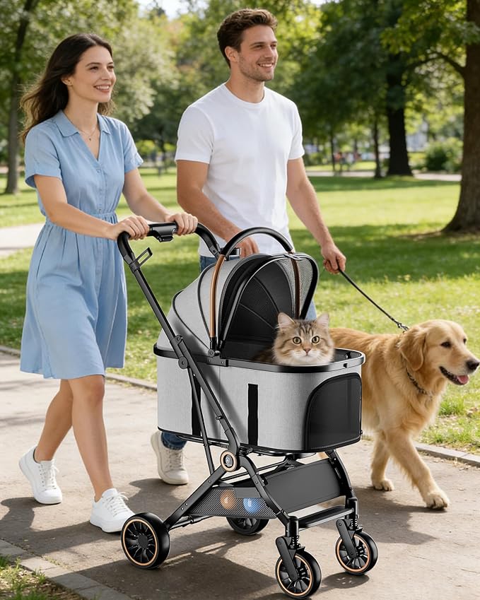 GTPLAYER Pet Stroller for Dogs & Cats, 3-in-1 Foldable Pet Strollers with Detachable Carrier, 360° Swivel Front Wheels & Rear Brakes, Up to 45 lbs, Grey