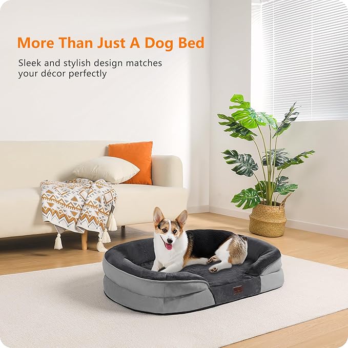 Dwanton Orthopedic Dog Bed for Medium Dogs with Gel Memory Foam, Waterproof Dog Sofa, Washable Pet Bed with Four Sided Bolster Cushion, Removable Cover & Non-Slip Bottom, 36", Dark Gray
