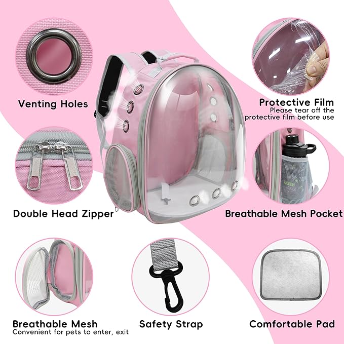 Cat Backpack, Airline Approved Bubble Carrying Bag for Small Medium Dogs Cats, Space Capsule Pet Carrier Dog Hiking Backpack Travel Carrier (Pink)