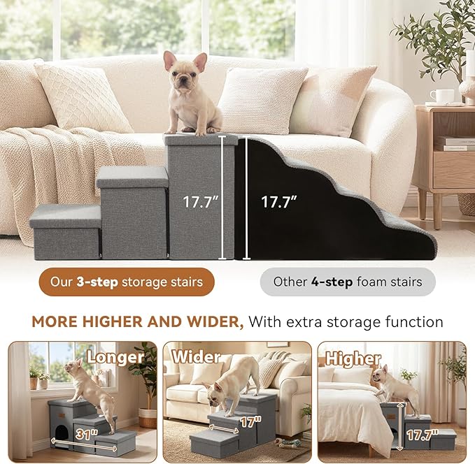 Zerbuger Dog Stairs 18" H, 3-Step Wider Dog Steps for High Beds Couch, Folding Storage Pet Stairs Gift for Small/Medium/Large Old Dogs Cats, Ramp for Climbing Car Up to 200 lbs, (Gray, with Condo)