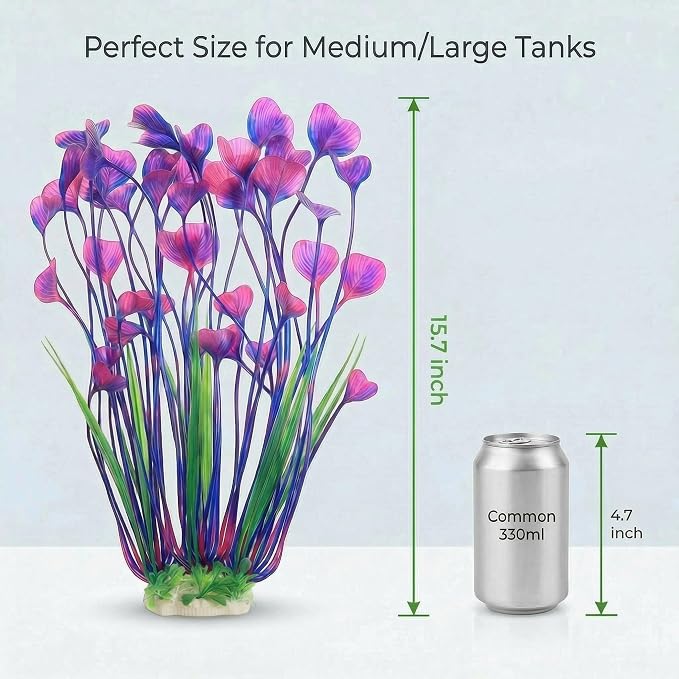 2 Pack Artificial Aquarium Plants, 15.8 Inch Tall, Seaweed, Wine Red, Plastic, Weighted Ceramic Base, for Aquarium, Indoor