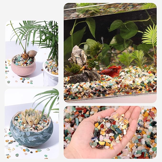 Mixed Crystal Chips Bulk 1lb 1200+Pcs Assorted Natural Tumbled Stone Chips Polished Gemstone Gravel for Aquarium, Succulent Plants, Terrarium, Vase Filler & DIY Crafts