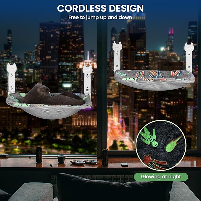 HiPetpy Cat Window Perch, Glow in The Dark Foldable Cat Hammock with Sunken Design & Removable Soft Cover, Breathable Cordless Window Bed for Resting Indoor Kitten (Shallow Perch, 1 Pack - M)