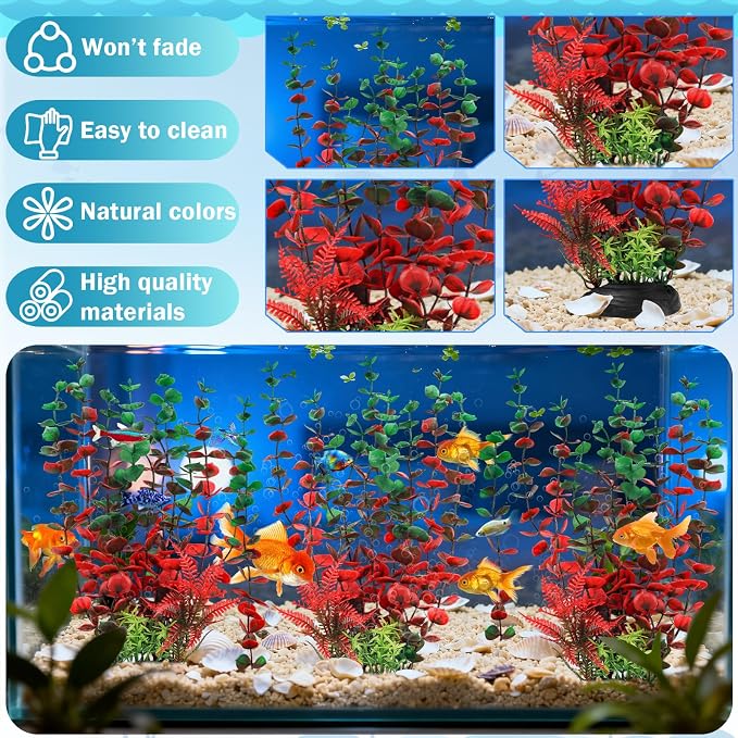 QUOZUO Aquarium Large Plants Decoration, Aquarium Decorations Artificial Plastic Plants, Dark Red Fish Tank Accessories 3pcs