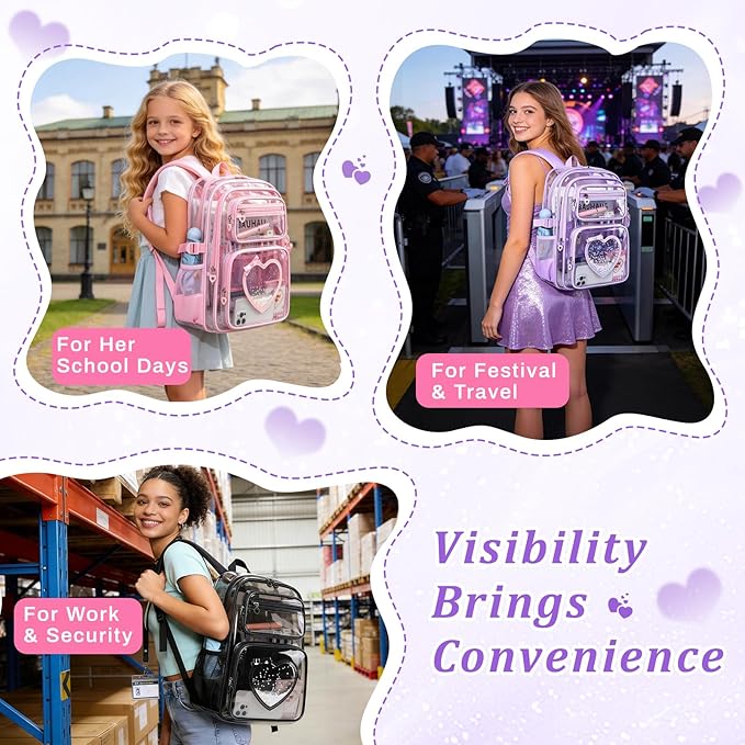 Clear Backpack for School Girls, Cute Heavy Duty PVC Transparent Bookbag, See-Through Bag for Stadium Event Purple